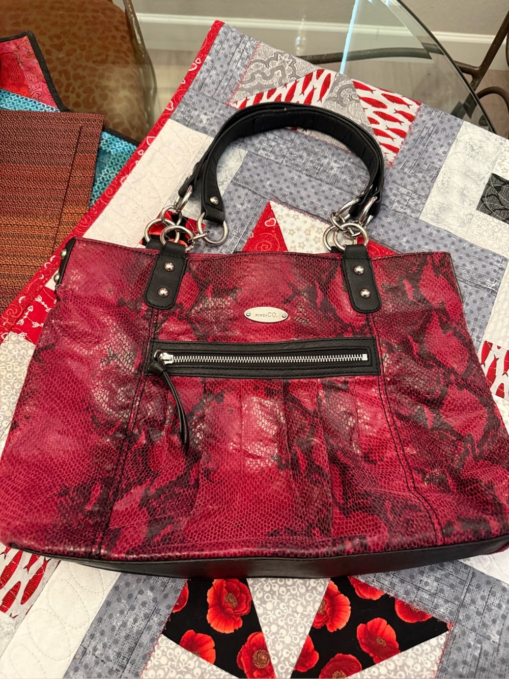 Stylish Nine West Red Snake-Print Tote Bag with Silver hardware